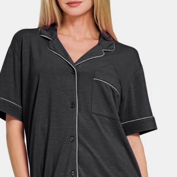 ZENANA Black Button Down Short Sleeve Top and Shorts Pajamas Lounge Set NEW - Picture 5 of 5
